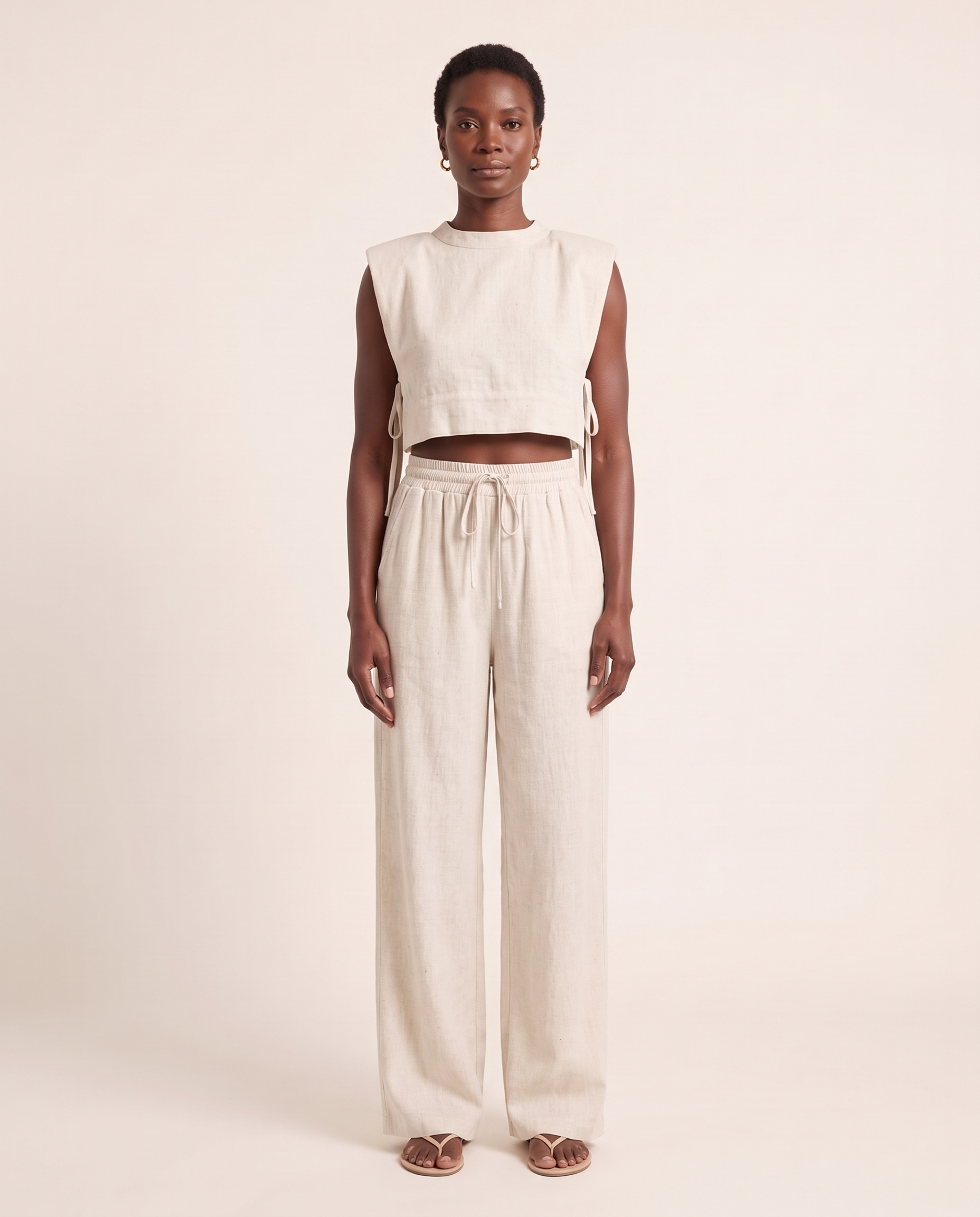Solène Relaxed Linen Pant Set — Beige — front view