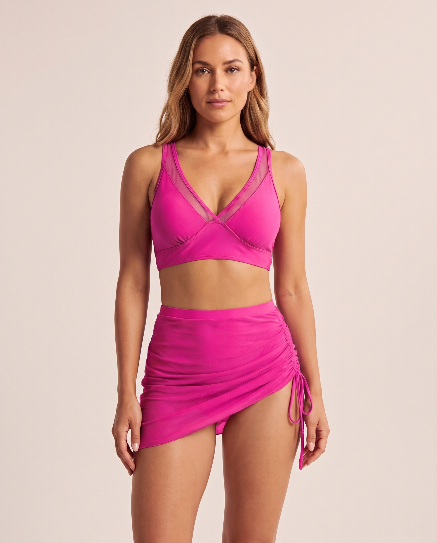 Solivia | Women's Three Piece Bikini Set With Ruched Skirt And Sheer Overlay — variant studio