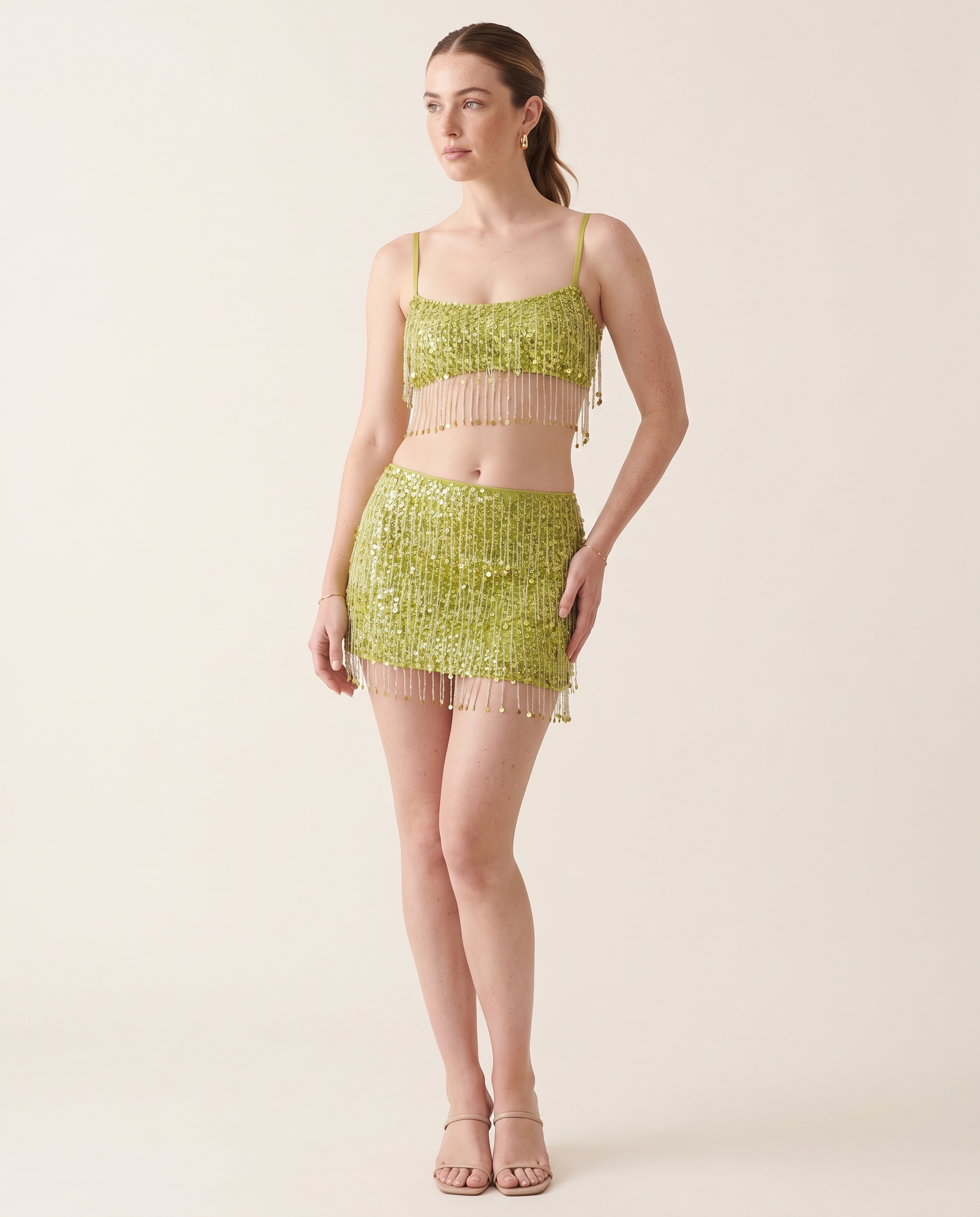 Sora Sequin Fringe Crop Top and Mini Skirt Separates – three-quarter view