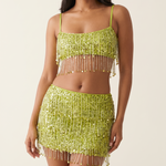 Sora Sequin Fringe Crop Top and Mini Skirt Separates – studio front view