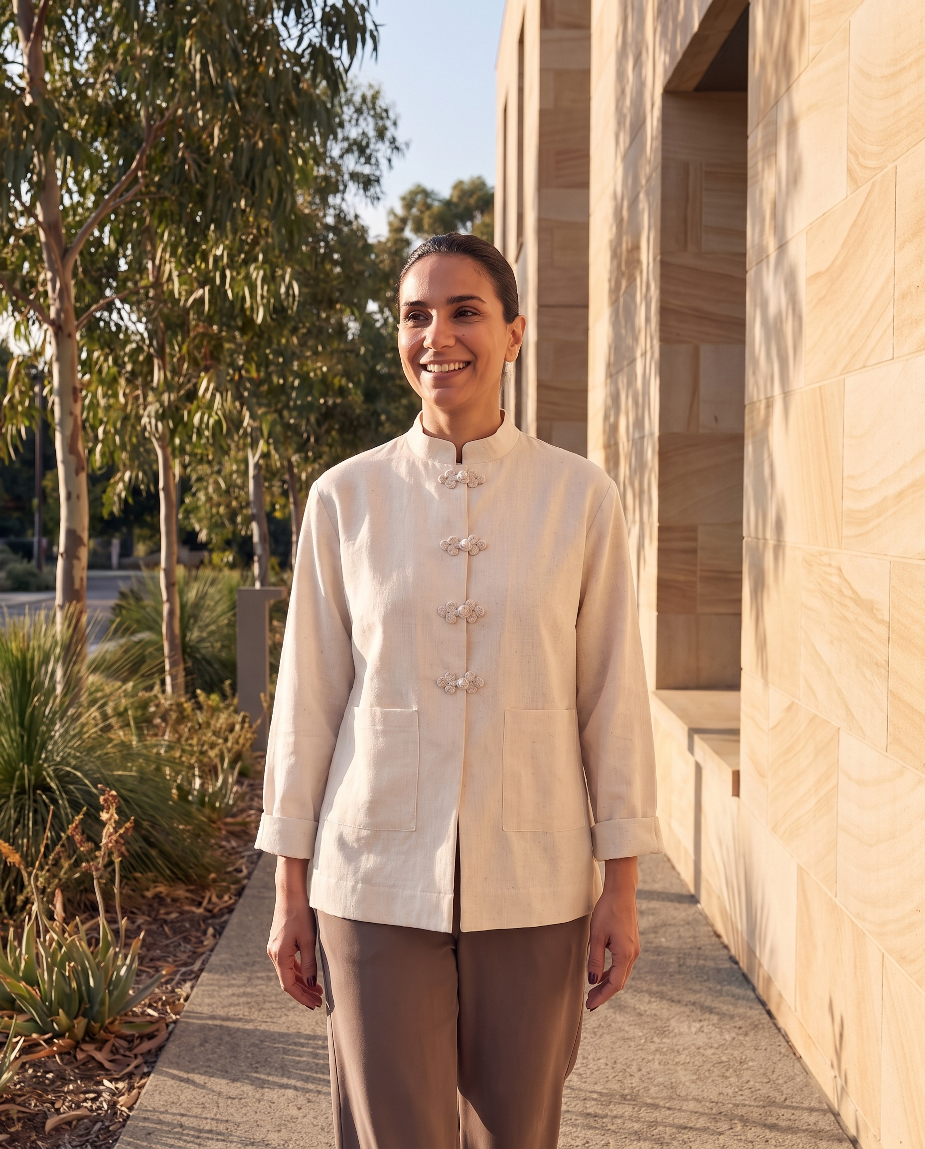 Stand Collar Blouse – Australian lifestyle view