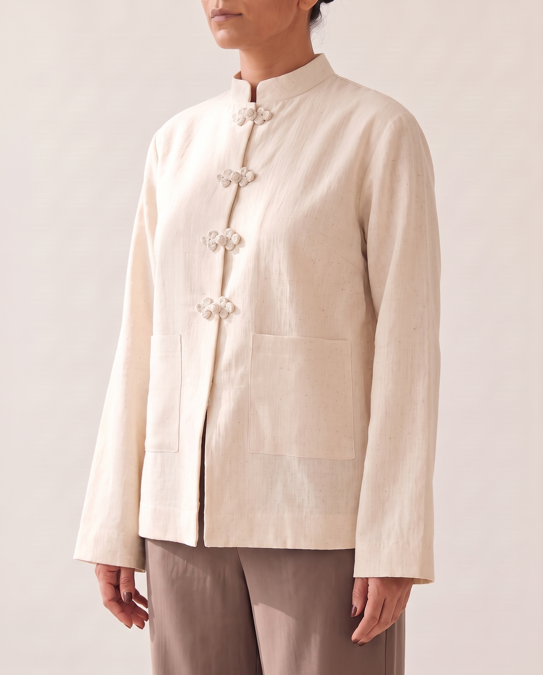 Stand Collar Blouse – fastening and pocket detail