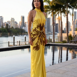 Stella Elegant Pleated Halter Maxi Dress – Brisbane lifestyle view