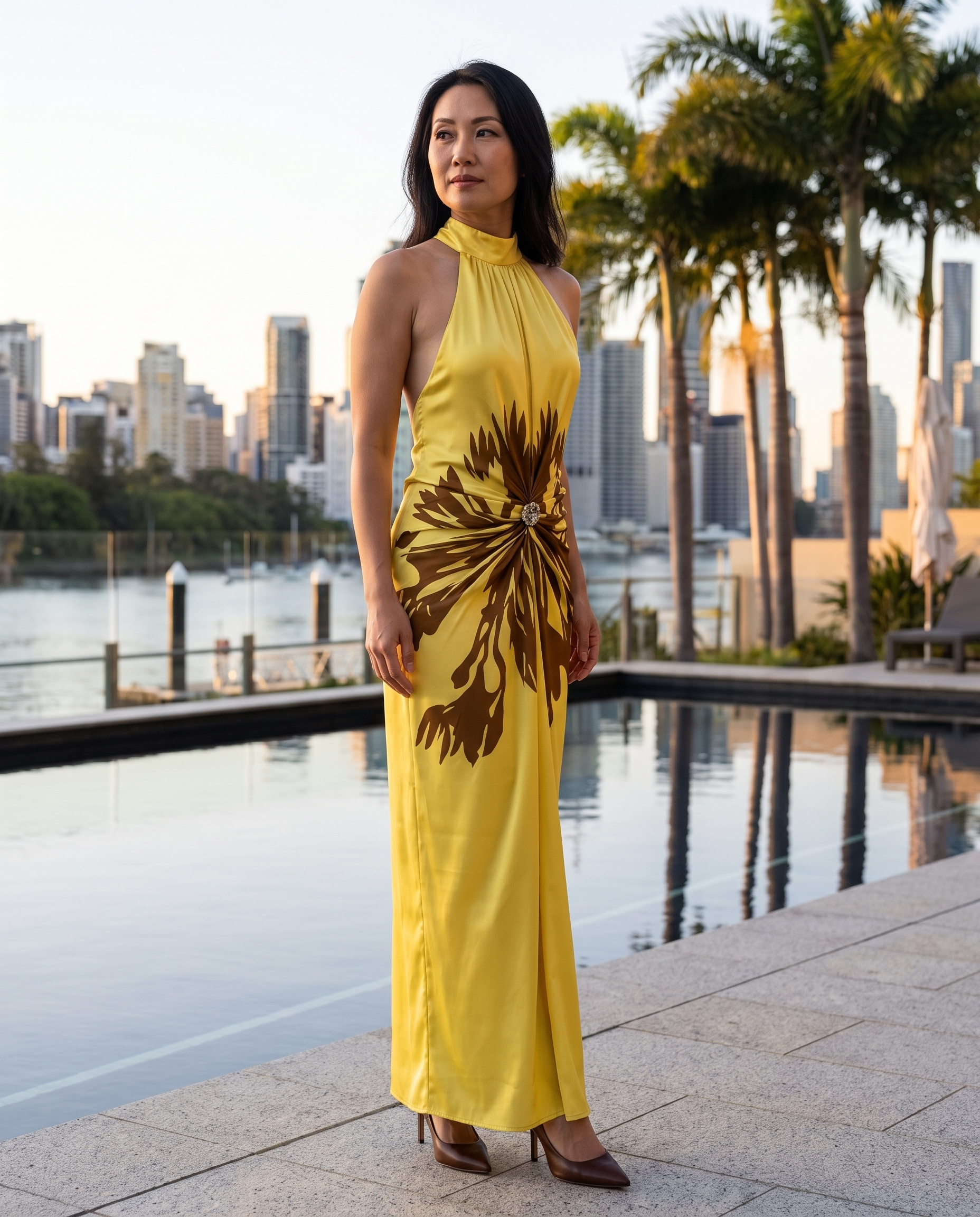 Stella Elegant Pleated Halter Maxi Dress – Brisbane lifestyle view