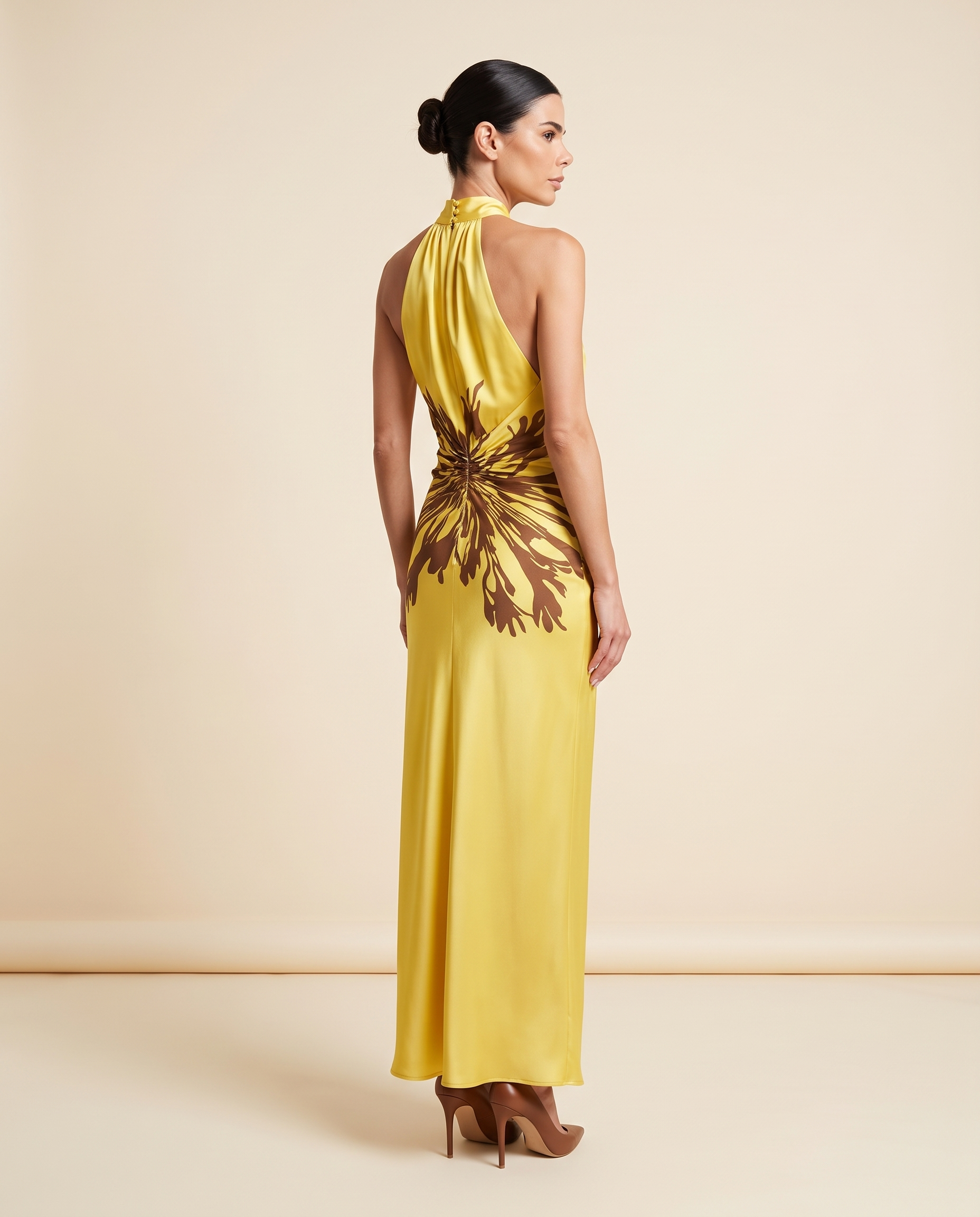Stella Elegant Pleated Halter Maxi Dress – studio back view