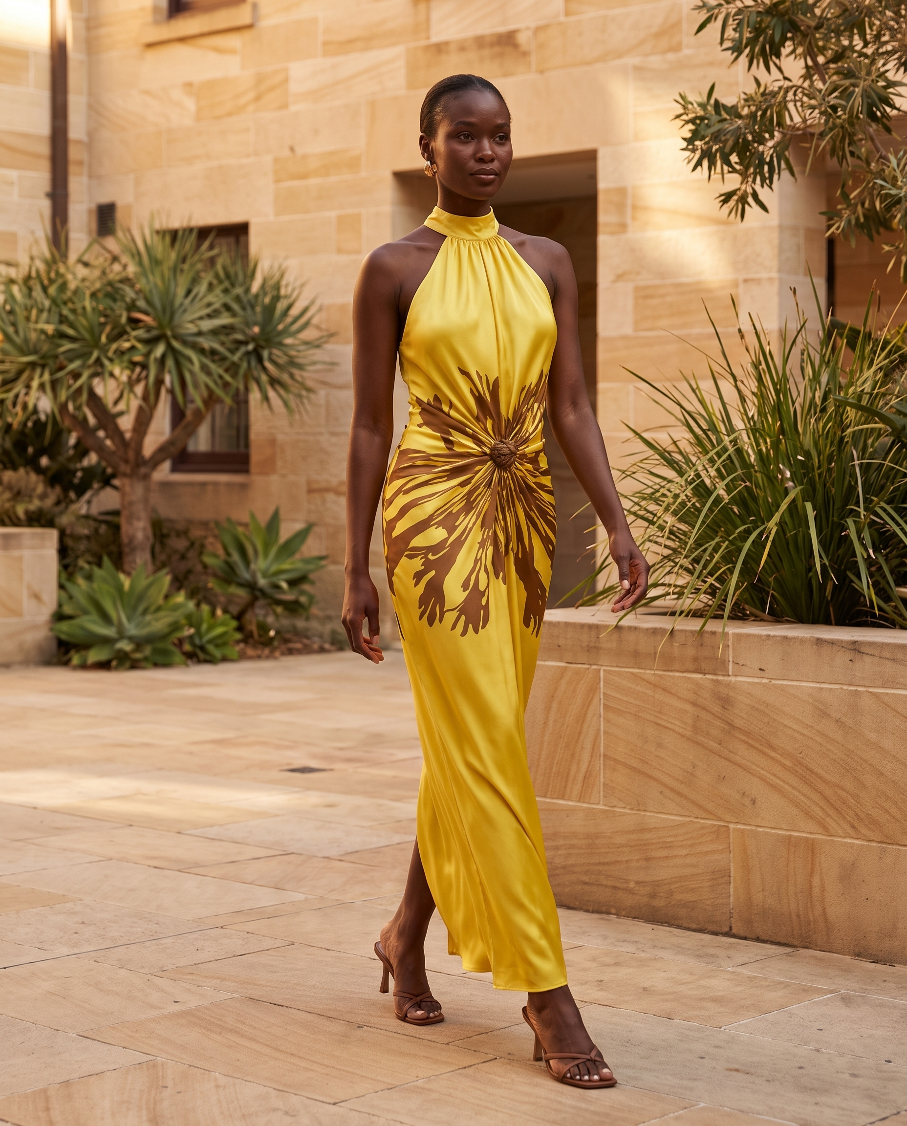 Stella Elegant Pleated Halter Maxi Dress – Sydney lifestyle view