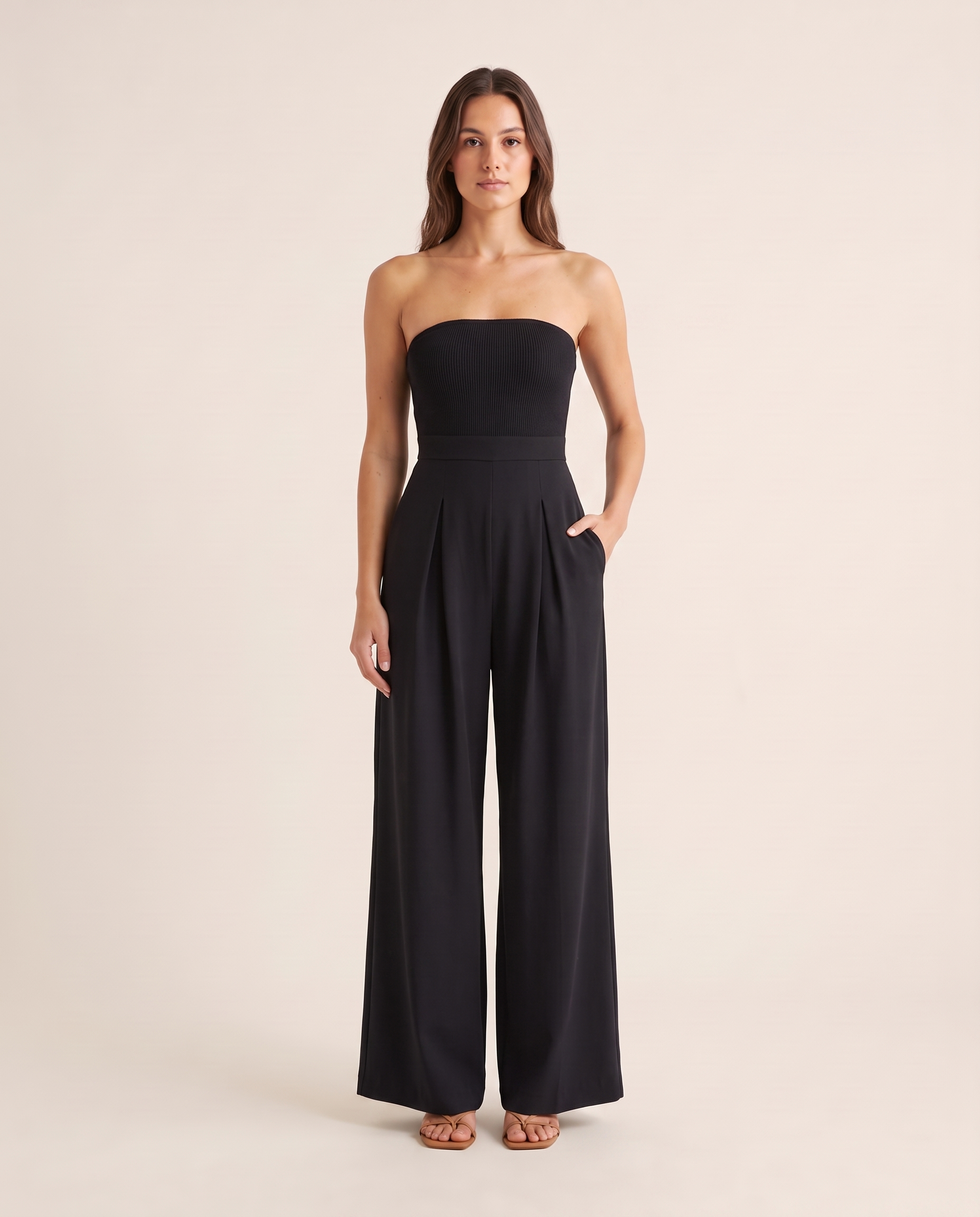 Strapless Wide-Leg Jumpsuit – Sleek Evening Ease — Black — studio front