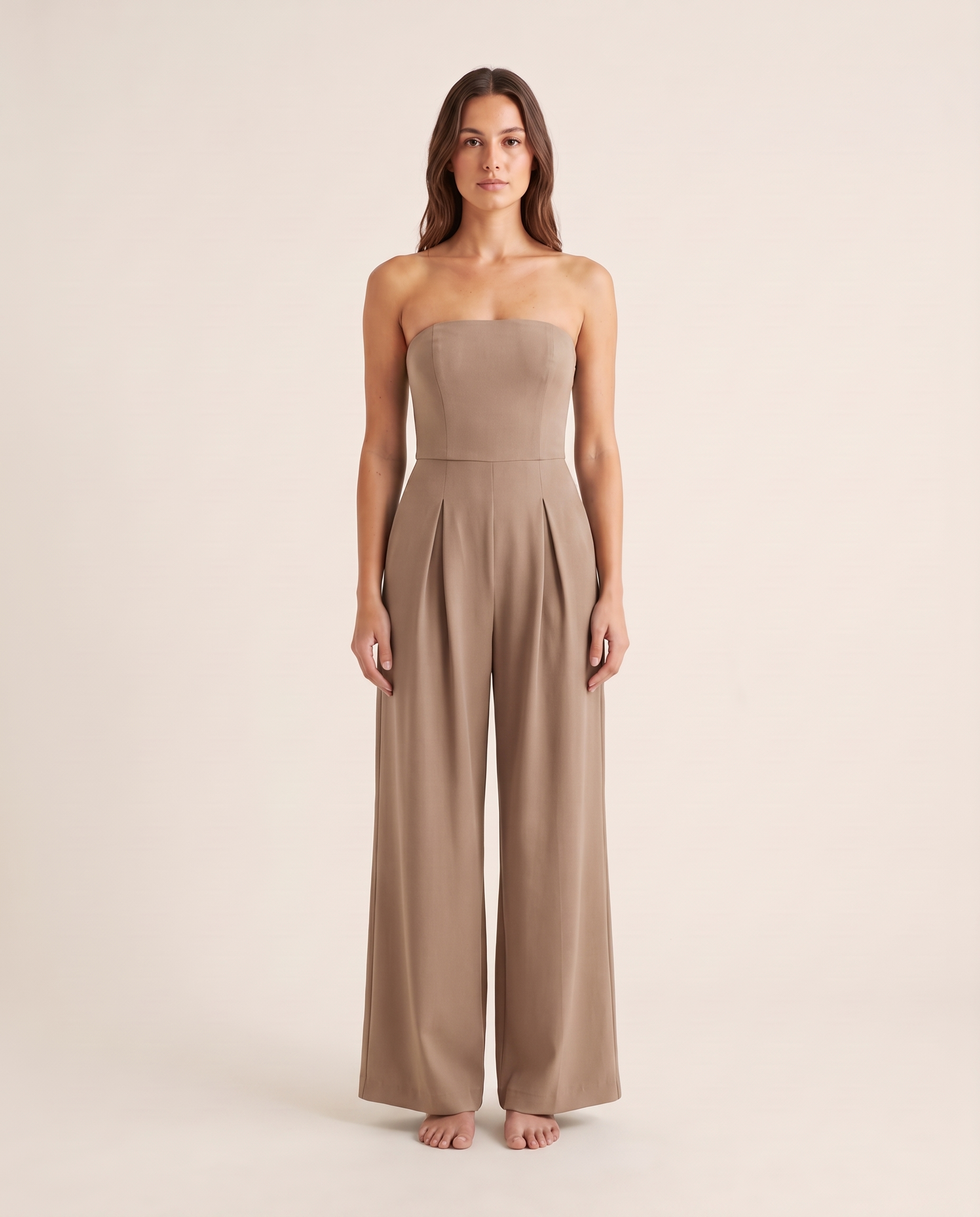 Strapless Wide-Leg Jumpsuit – Sleek Evening Ease — Beige — studio front
