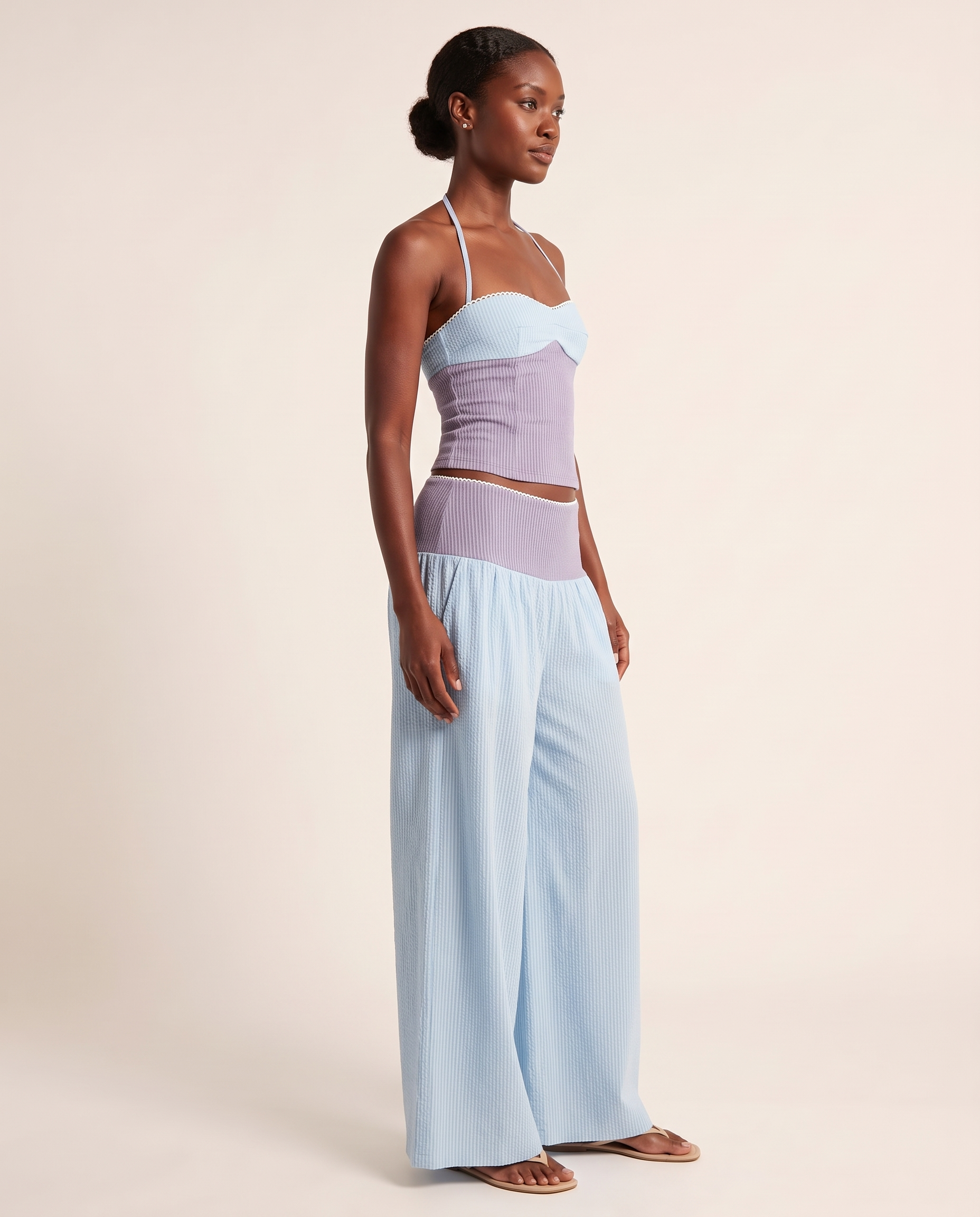 Striped Long Sleeve Shirt and Wide Leg Trouser Set – three-quarter view