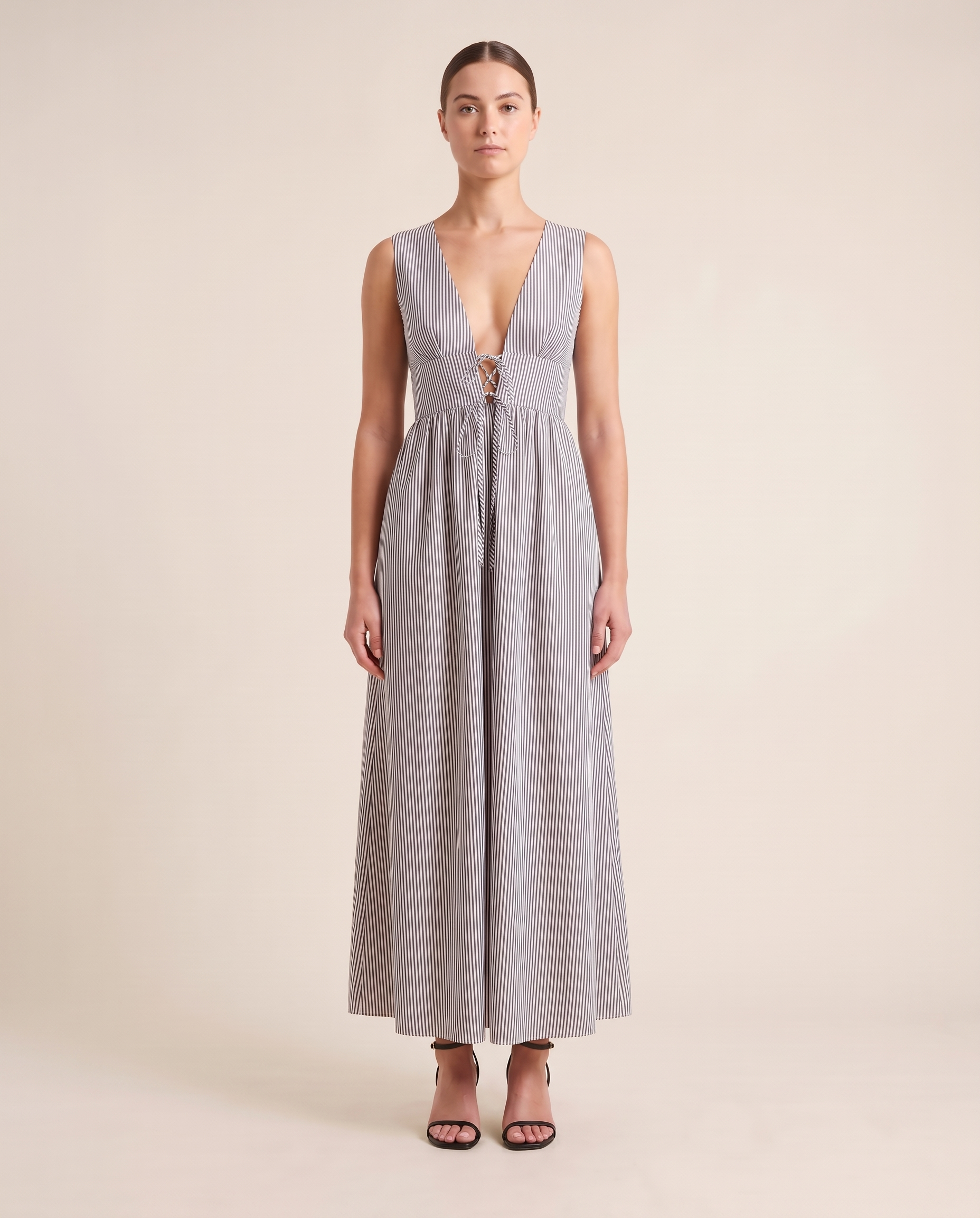 Striped Sleeveless Lace-Up Maxi Dress — front
