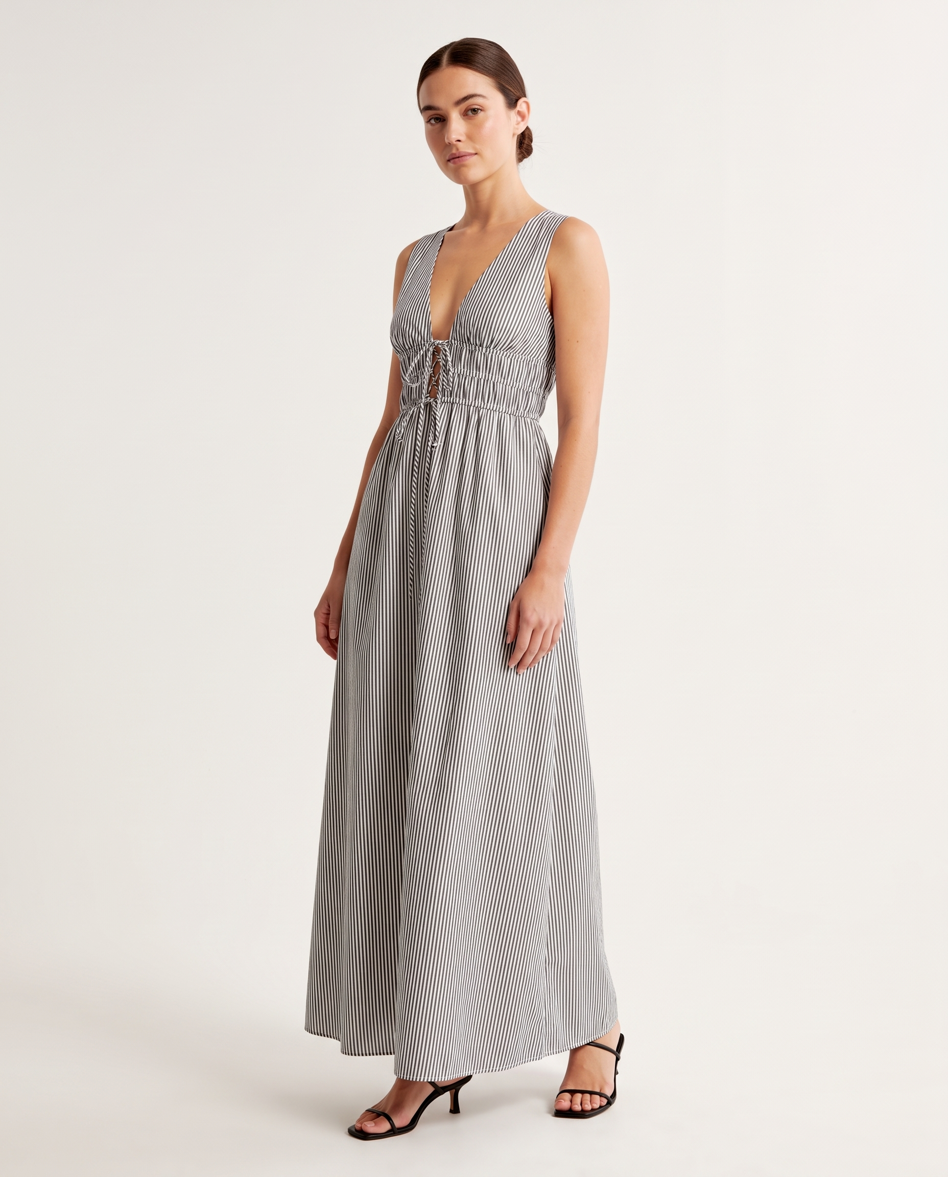 Striped Sleeveless Lace-Up Maxi Dress — three-quarter