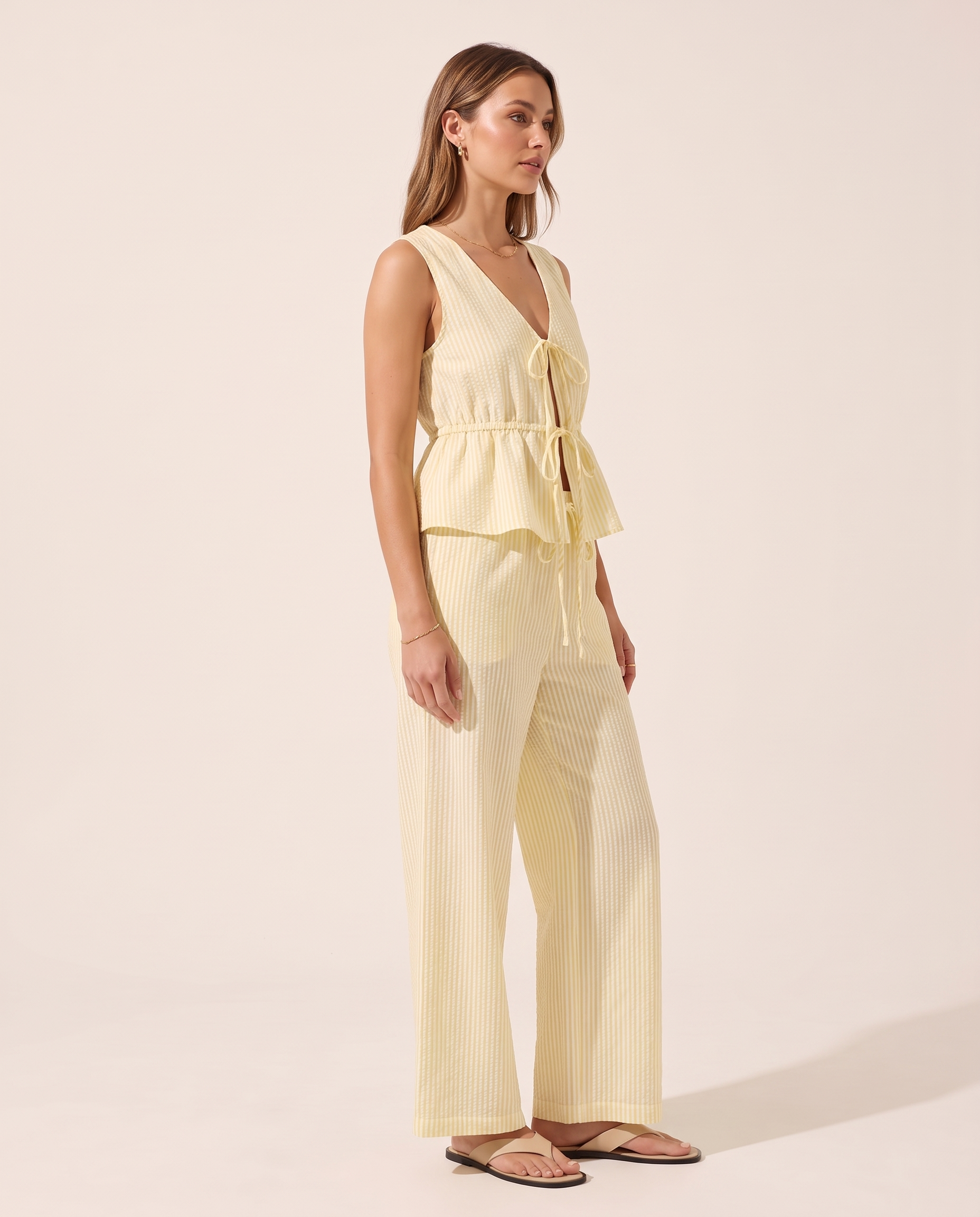 Striped V Neck Blouse and Wide Leg Trouser Set – three-quarter view