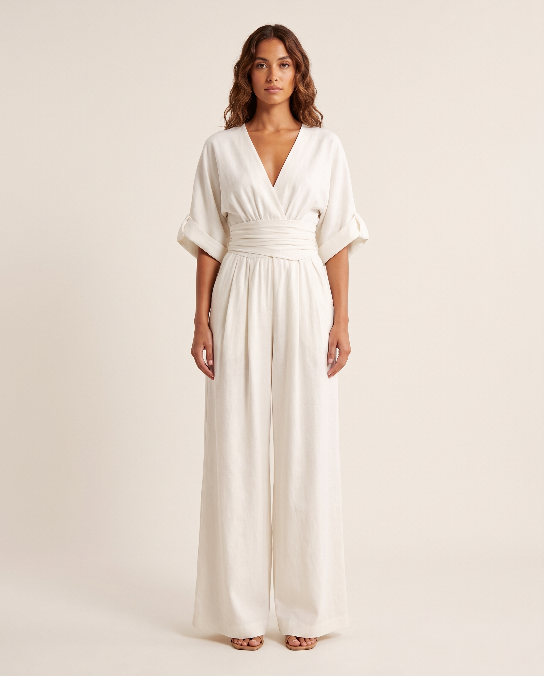 Surplice V-Neck Wide-Leg Jumpsuit — White — studio front
