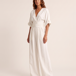 Surplice V-Neck Wide-Leg Jumpsuit — White — studio three-quarter