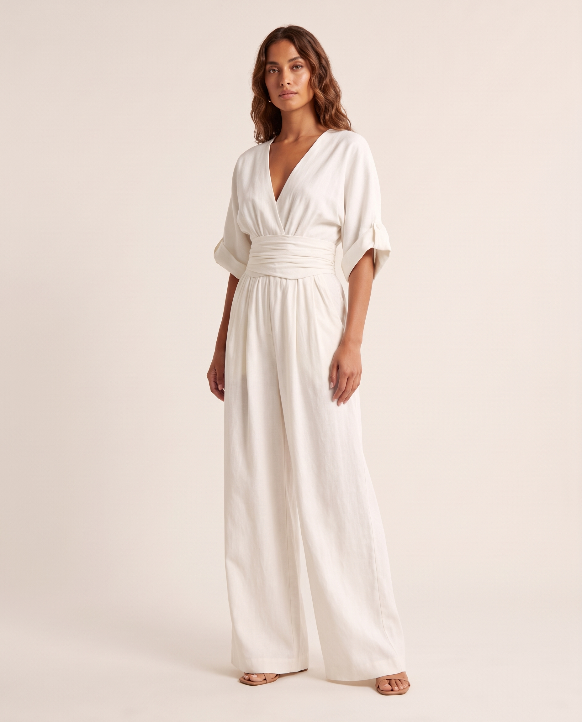 Surplice V-Neck Wide-Leg Jumpsuit — White — studio three-quarter