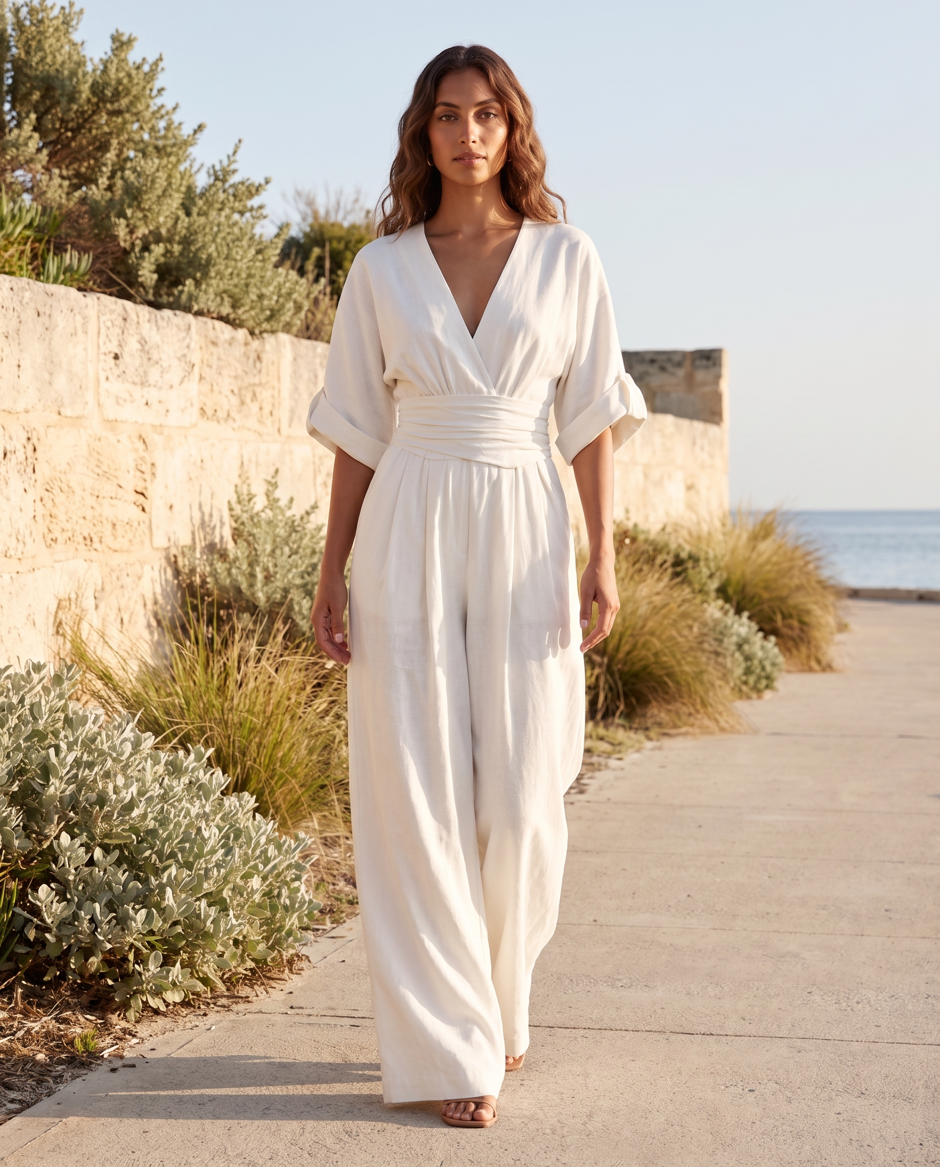 Surplice V-Neck Wide-Leg Jumpsuit — White — coastal lifestyle