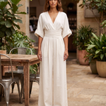 Surplice V-Neck Wide-Leg Jumpsuit — White — courtyard lifestyle