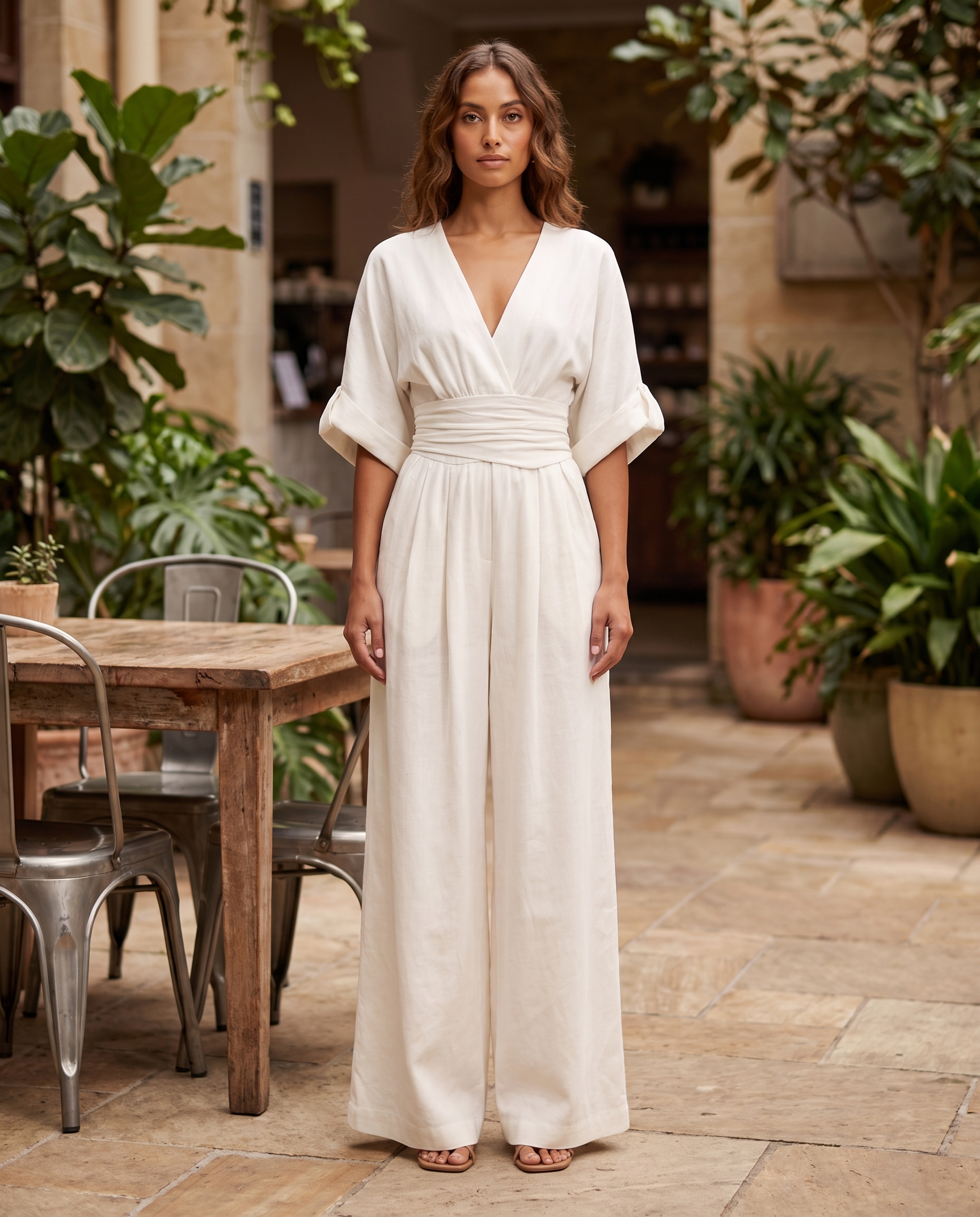 Surplice V-Neck Wide-Leg Jumpsuit — White — courtyard lifestyle