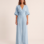 Surplice V-Neck Wide-Leg Jumpsuit — Sky Blue — studio front