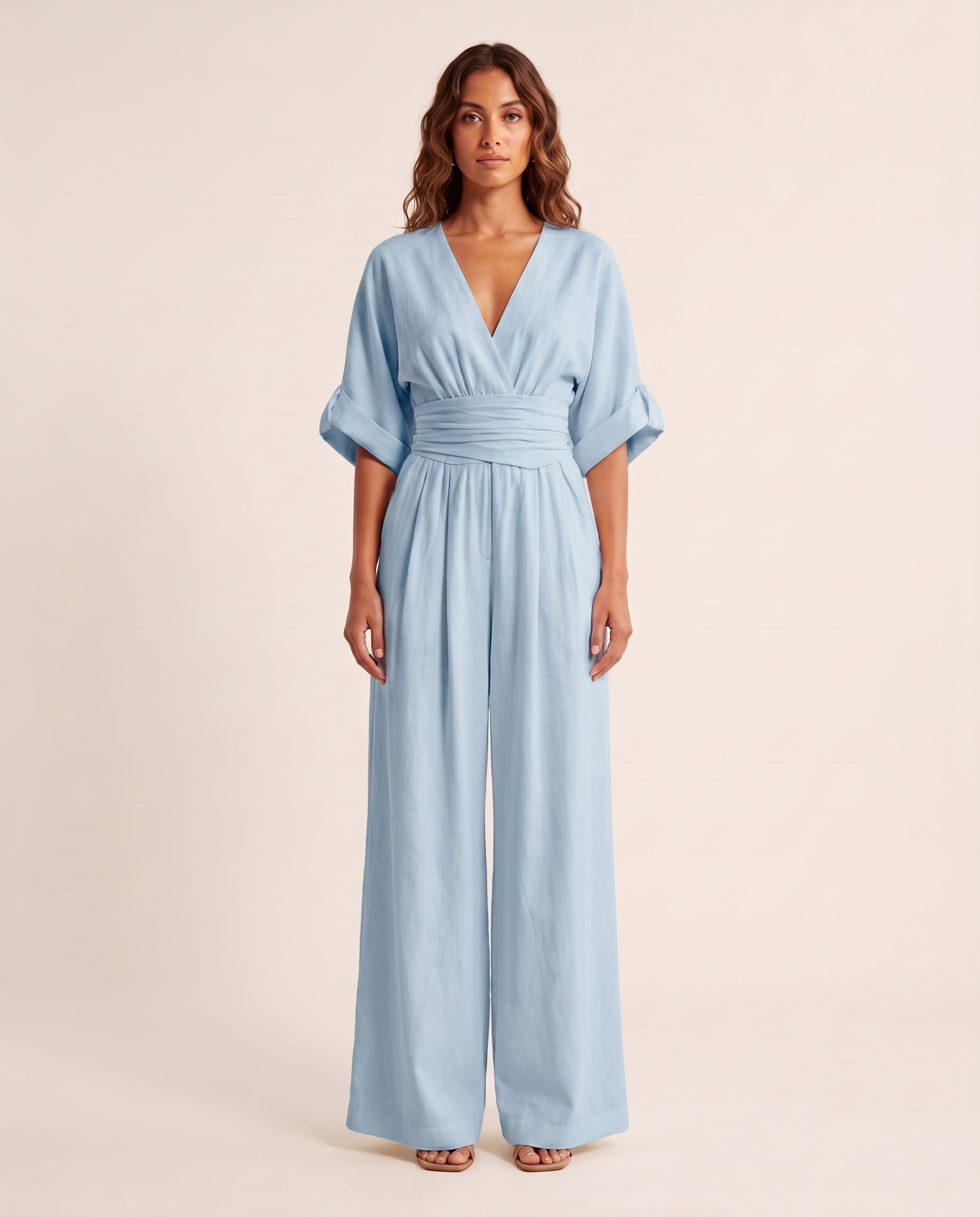 Surplice V-Neck Wide-Leg Jumpsuit — Sky Blue — studio front