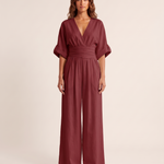 Surplice V-Neck Wide-Leg Jumpsuit — Wine Red — studio front