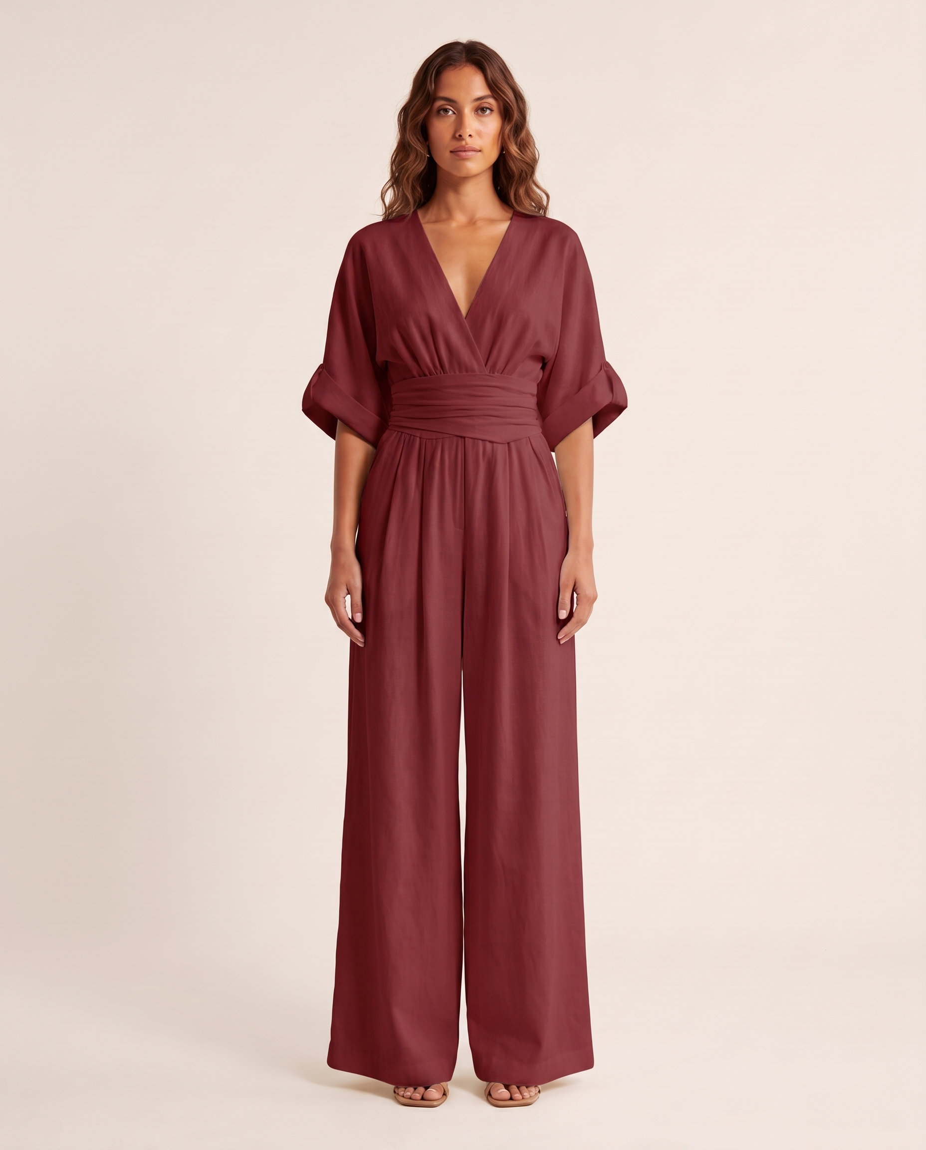 Surplice V-Neck Wide-Leg Jumpsuit — Wine Red — studio front
