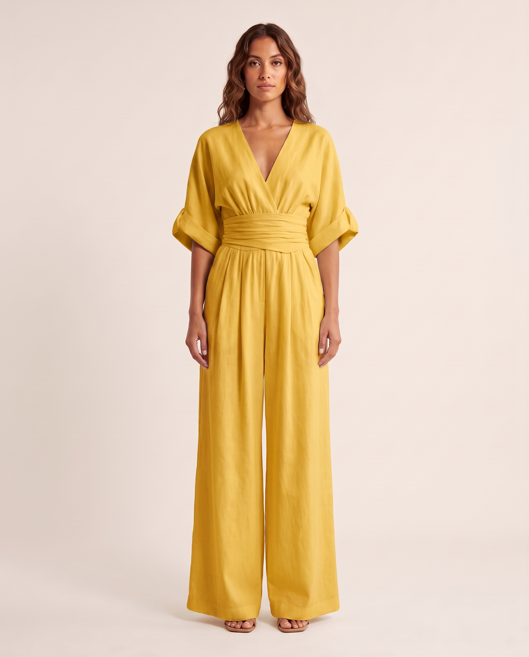 Surplice V-Neck Wide-Leg Jumpsuit — Yellow — studio front