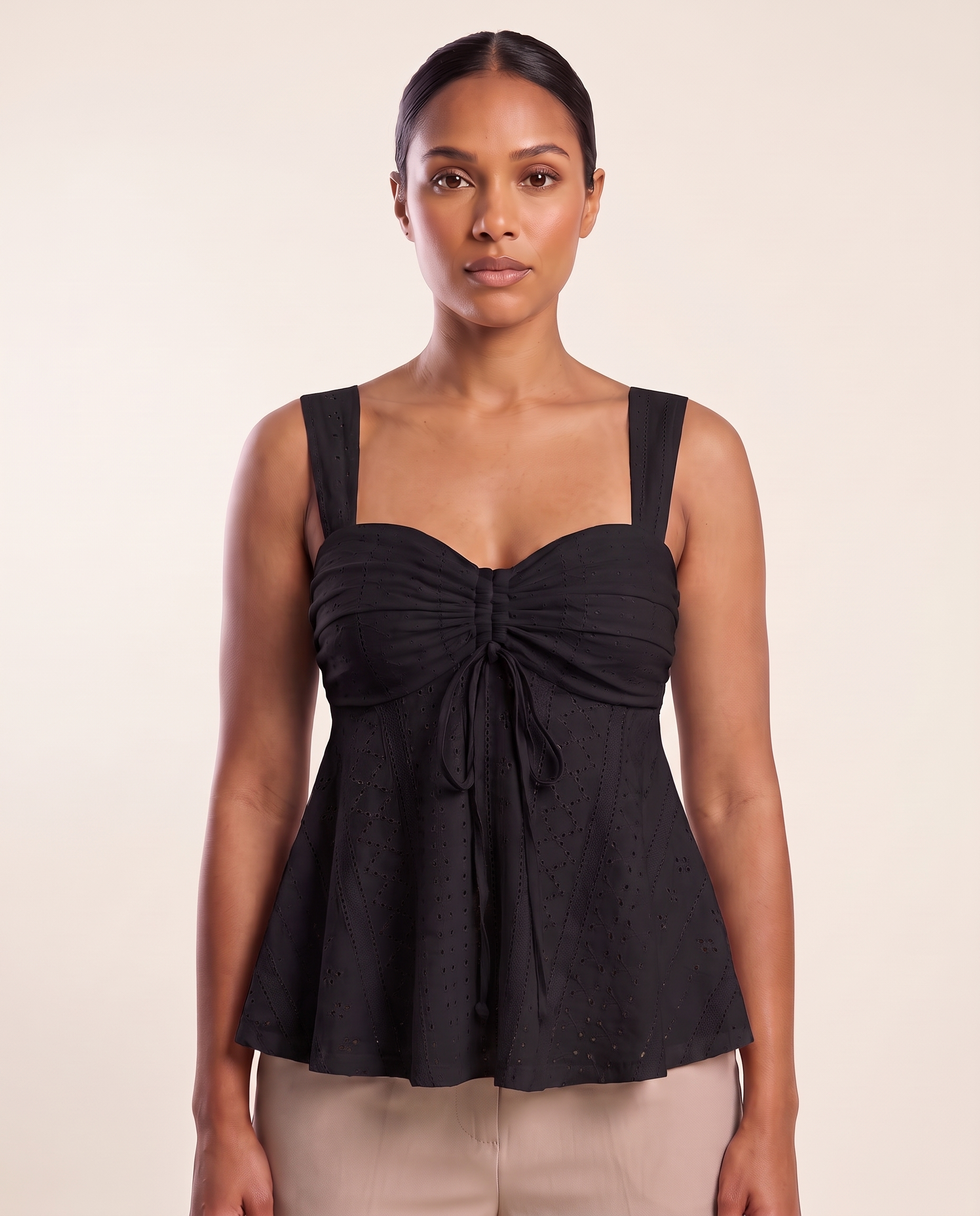 Sweetheart Neck Cami with Ruffle Trim and Drawstring – Black – variant