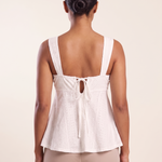Sweetheart Neck Cami with Ruffle Trim and Drawstring — full-length studio back view on a warm ivory seamless background