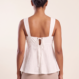 Sweetheart Neck Cami with Ruffle Trim and Drawstring — full-length studio back view on a warm ivory seamless background