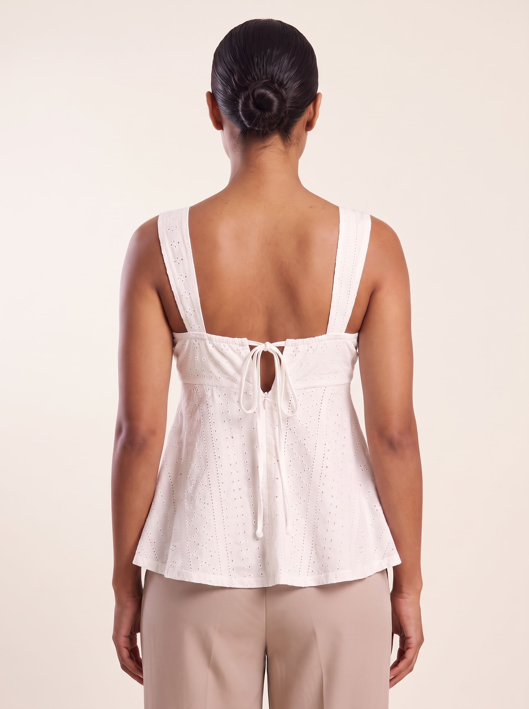 Sweetheart Neck Cami with Ruffle Trim and Drawstring — full-length studio back view on a warm ivory seamless background