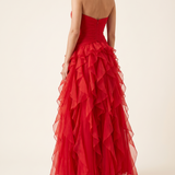 Thalia Elegant Ruffle Ruched Maxi Dress – studio back view