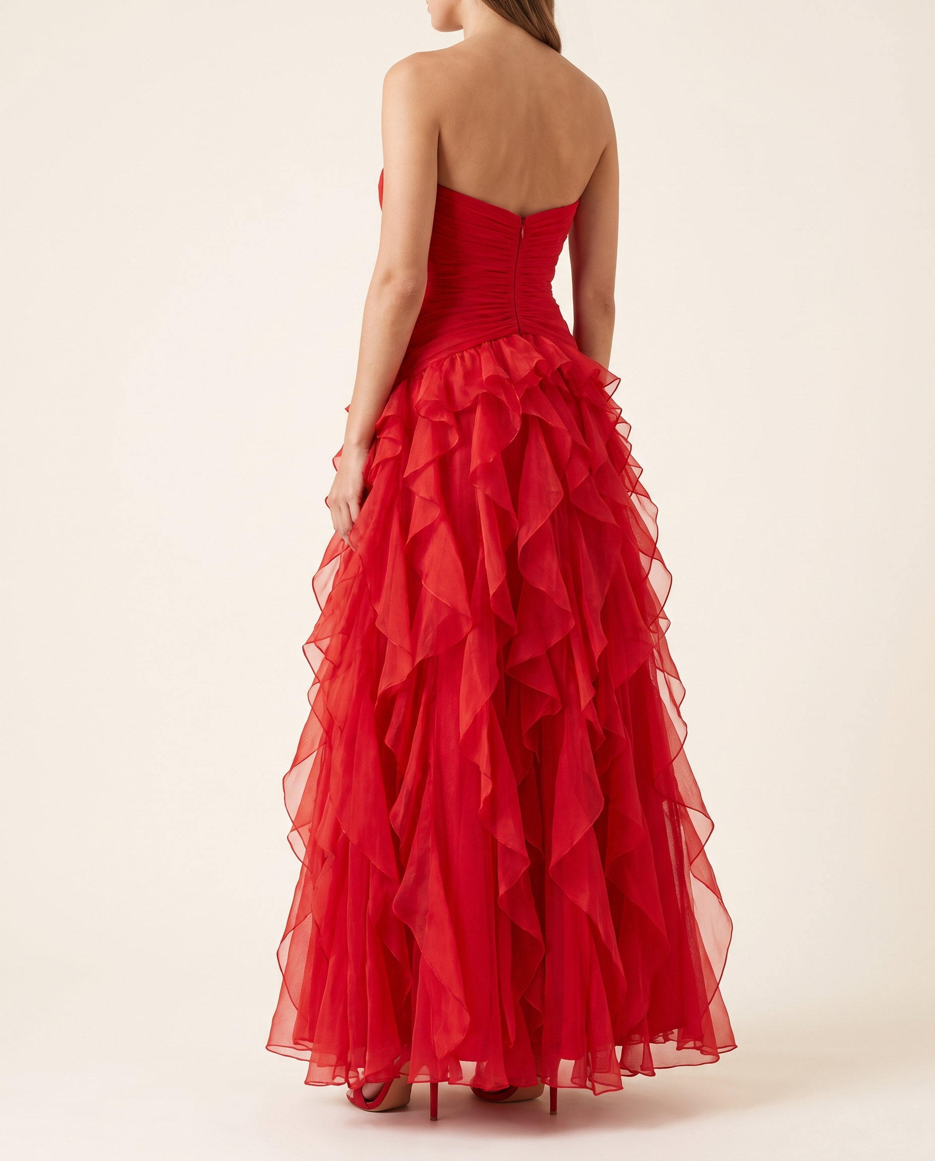Thalia Elegant Ruffle Ruched Maxi Dress – studio back view