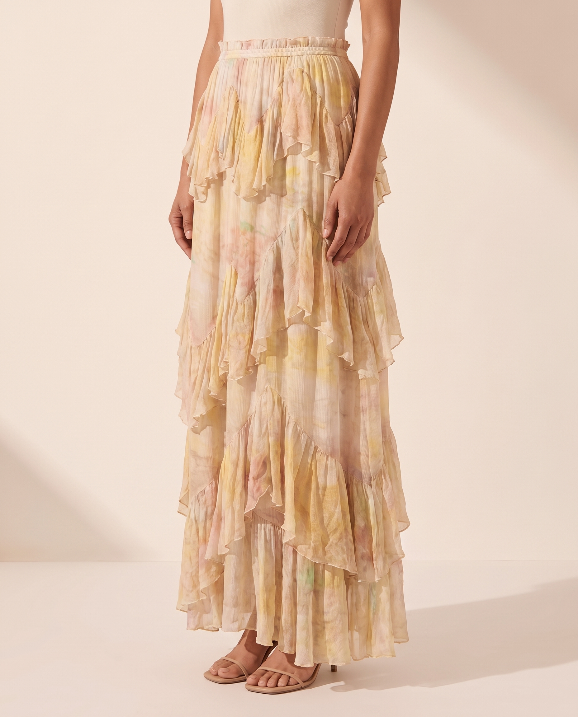 Tiered Ombre Print Maxi Skirt – studio three-quarter view