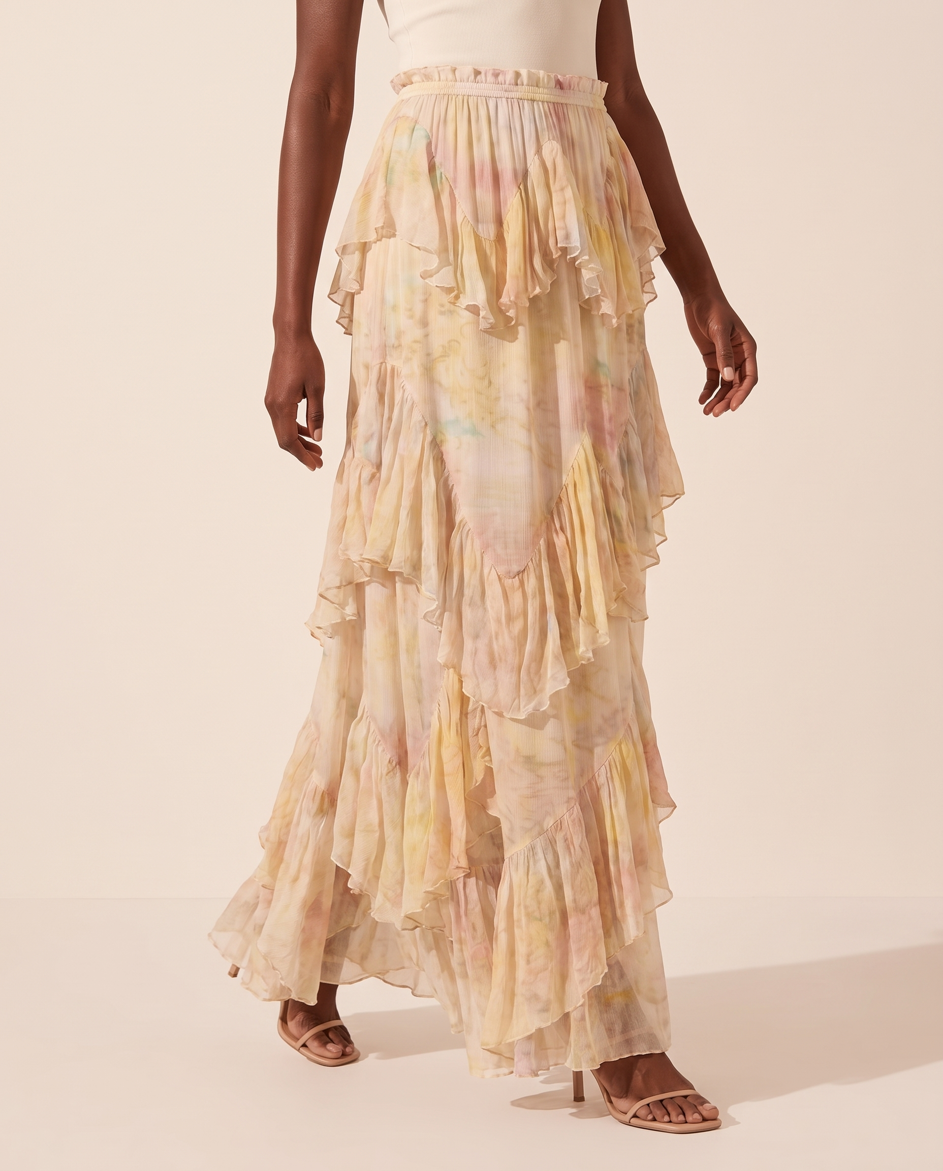 Tiered Ombre Print Maxi Skirt – studio lifestyle movement view