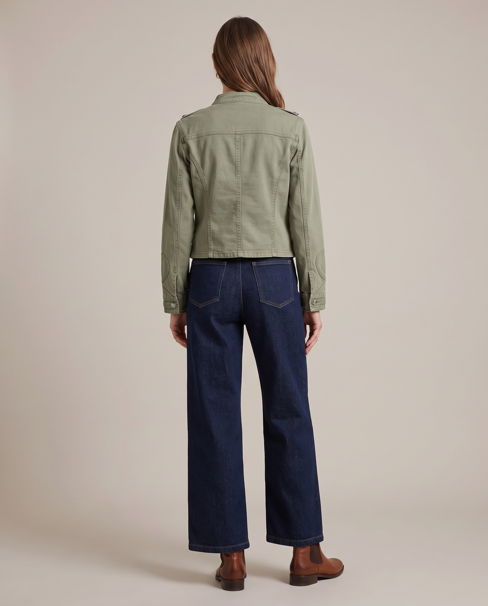Indigo Cropped Denim Stand-Collar Jacket – true back view