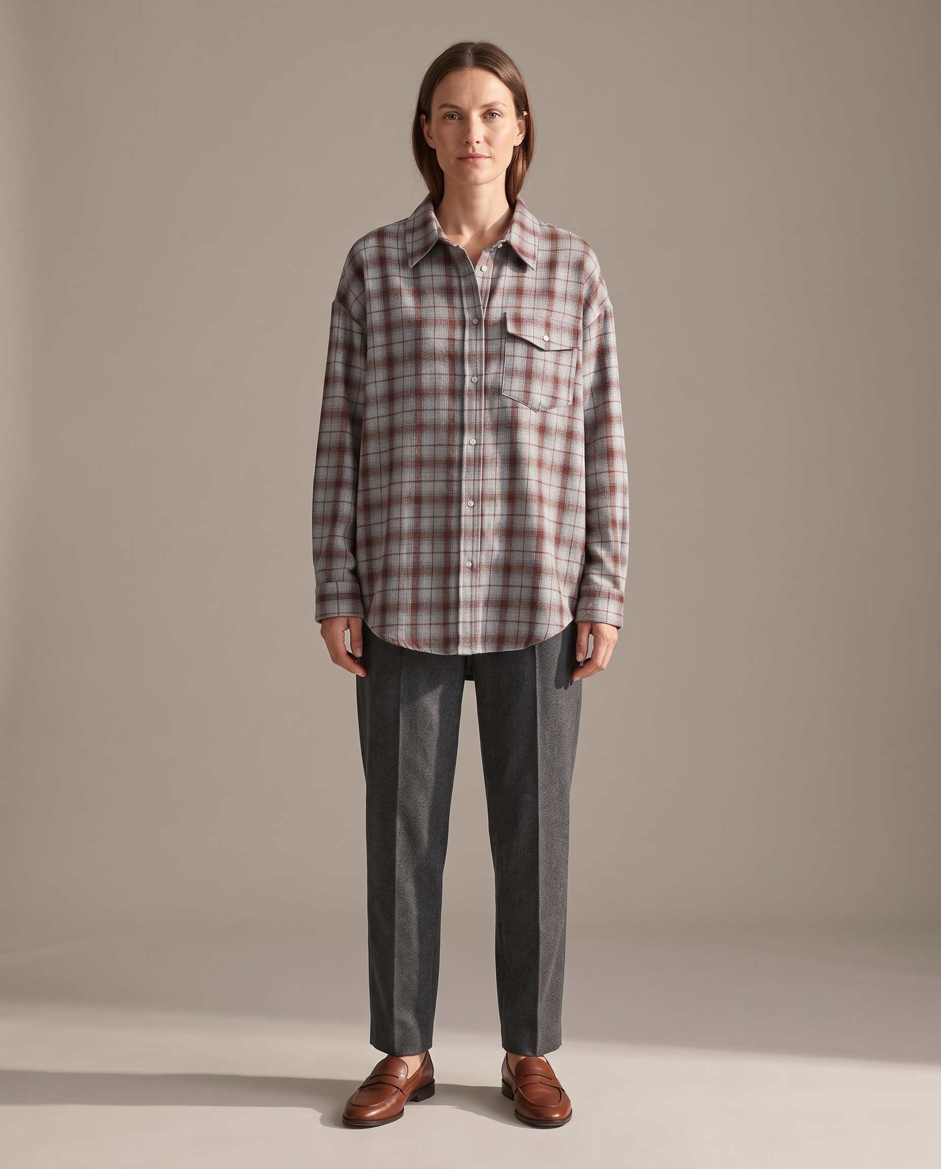 Maple Oversized Plaid Long-Sleeve Shirt – Grey & Red Plaid studio front