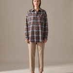 Maple Oversized Plaid Long-Sleeve Shirt – Brown & Blue Plaid studio front
