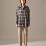 Maple Oversized Plaid Long-Sleeve Shirt – Brown & Blue Plaid studio front