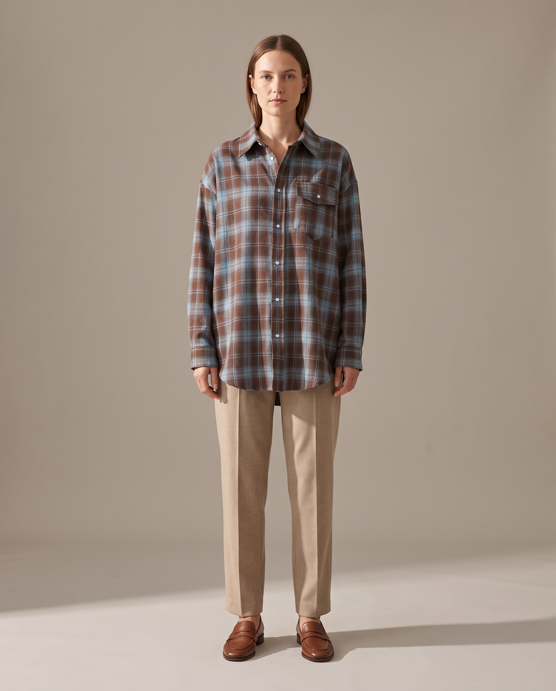 Maple Oversized Plaid Long-Sleeve Shirt – Brown & Blue Plaid studio front