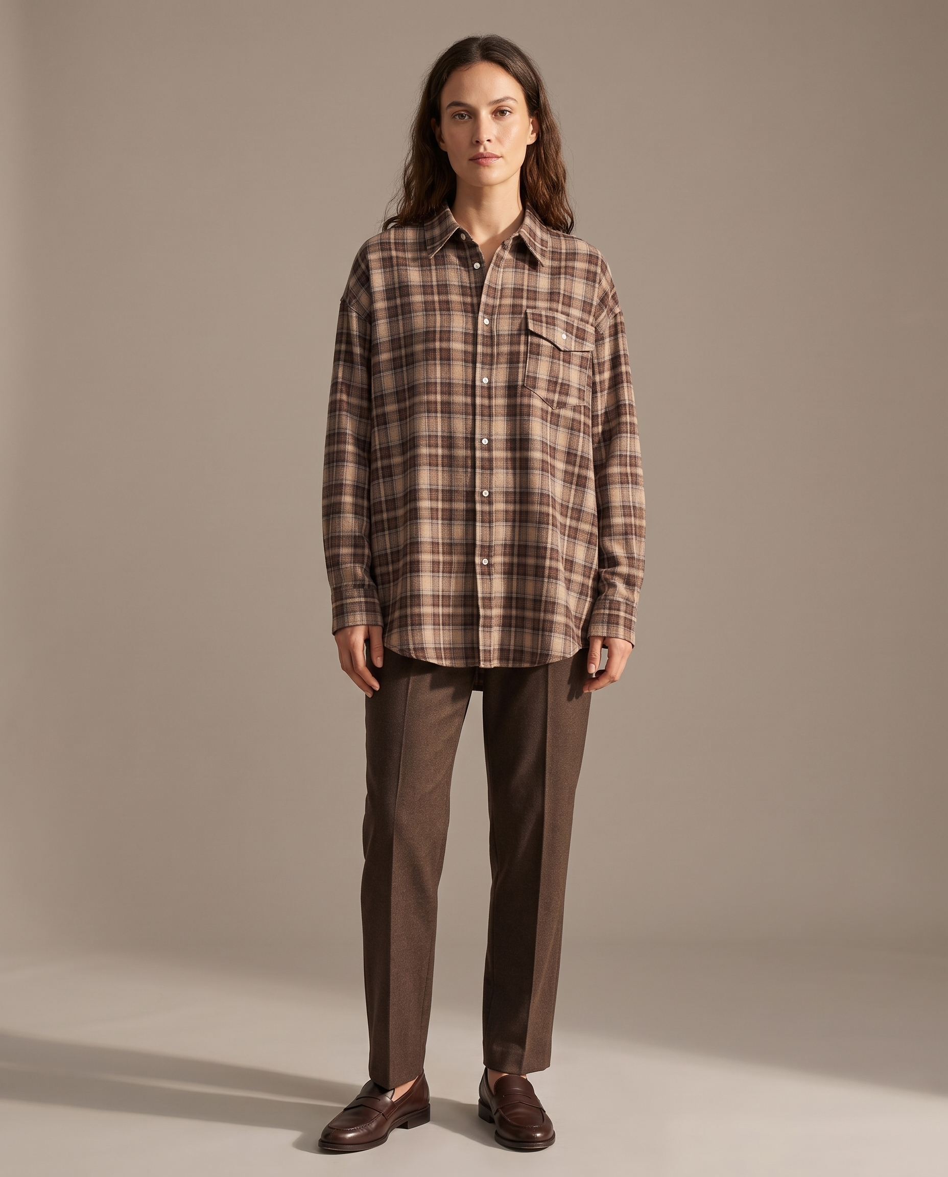 Maple Oversized Plaid Long-Sleeve Shirt – Beige & Brown Plaid studio front