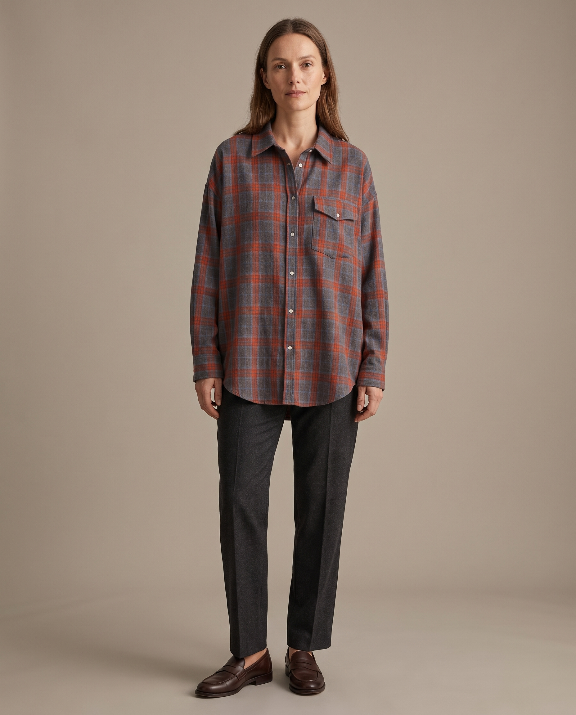 Maple Oversized Plaid Long-Sleeve Shirt – Charcoal & Orange Plaid studio front