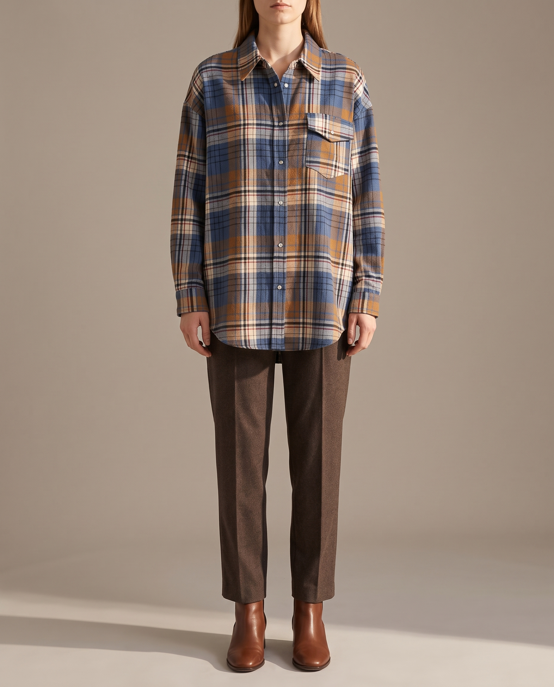 Maple Oversized Plaid Long-Sleeve Shirt – Blue & Ochre Plaid studio front