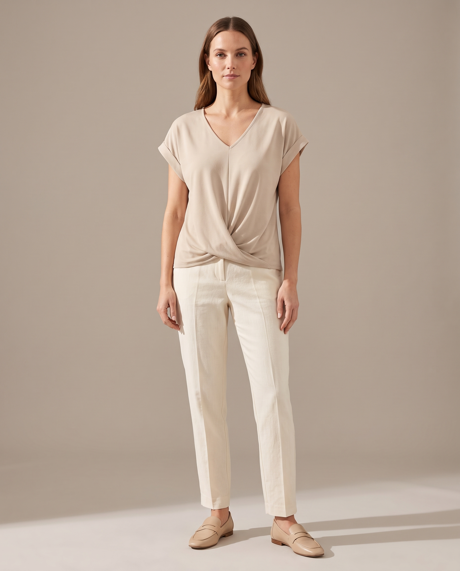 Marina Relaxed V-Neck Short-Sleeve Blouse – Apricot studio front