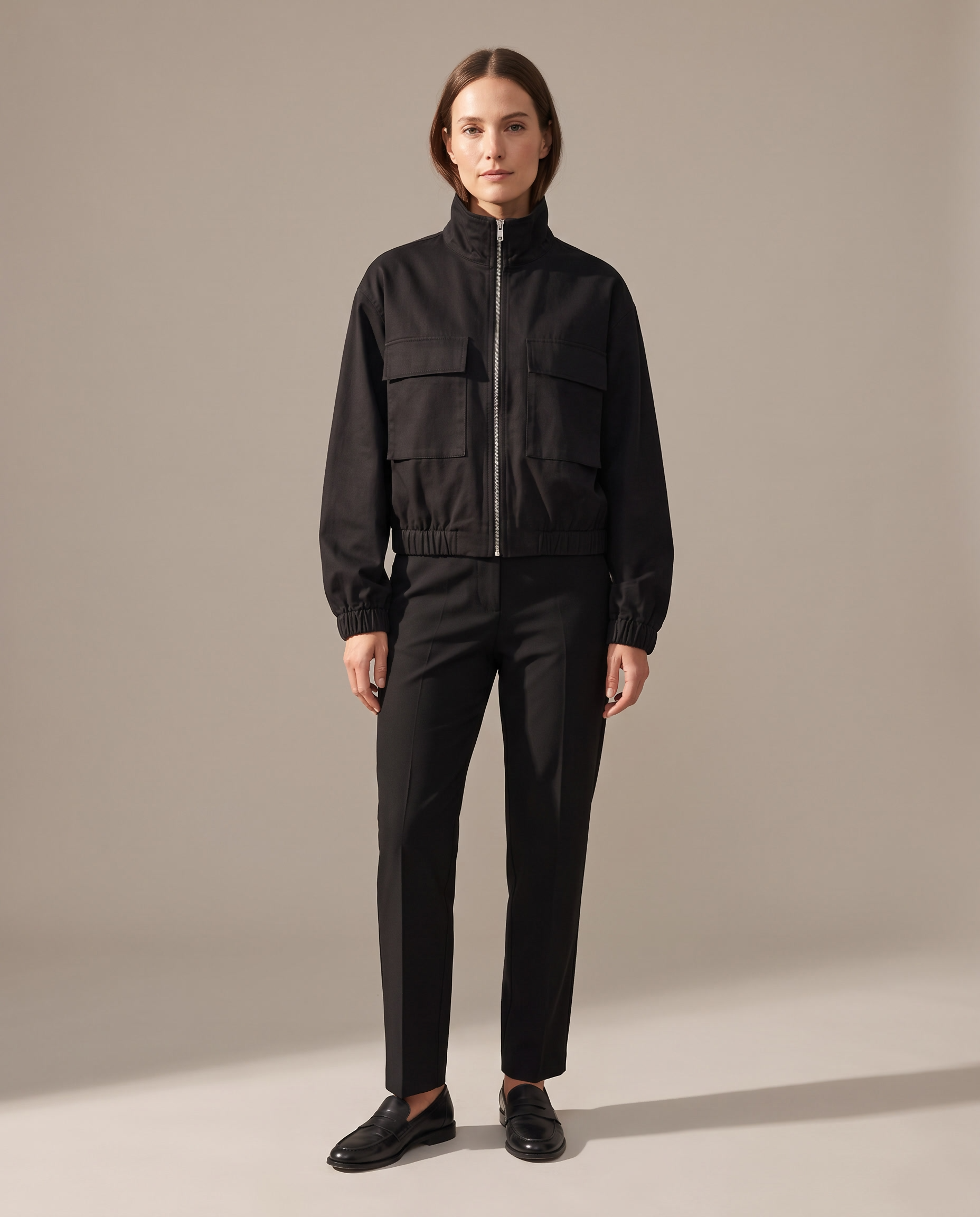 Onyx Relaxed High-Neck Zip Jacket – Black studio front