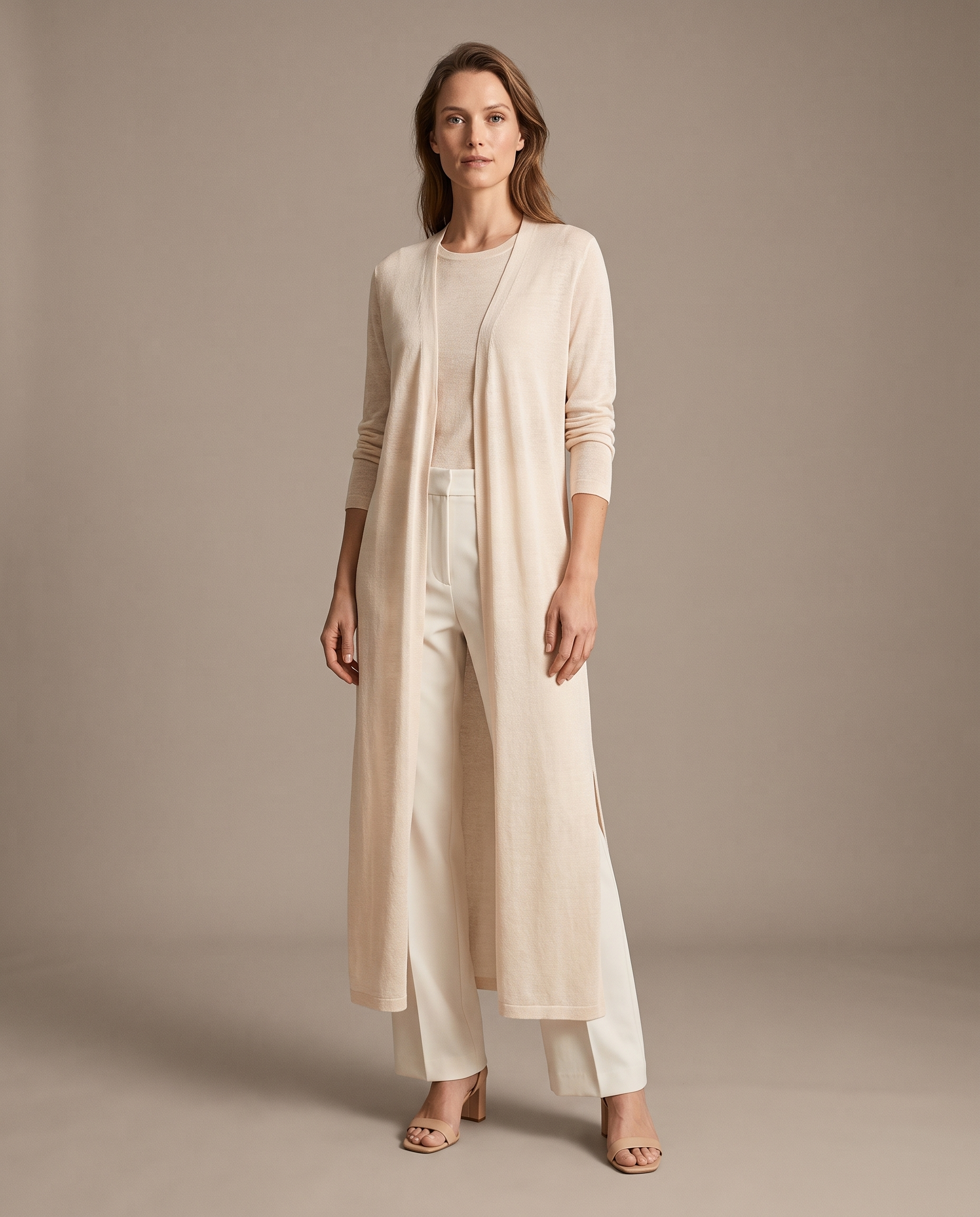 Soleil Longline Lightweight Knit Cardigan – Apricot studio front