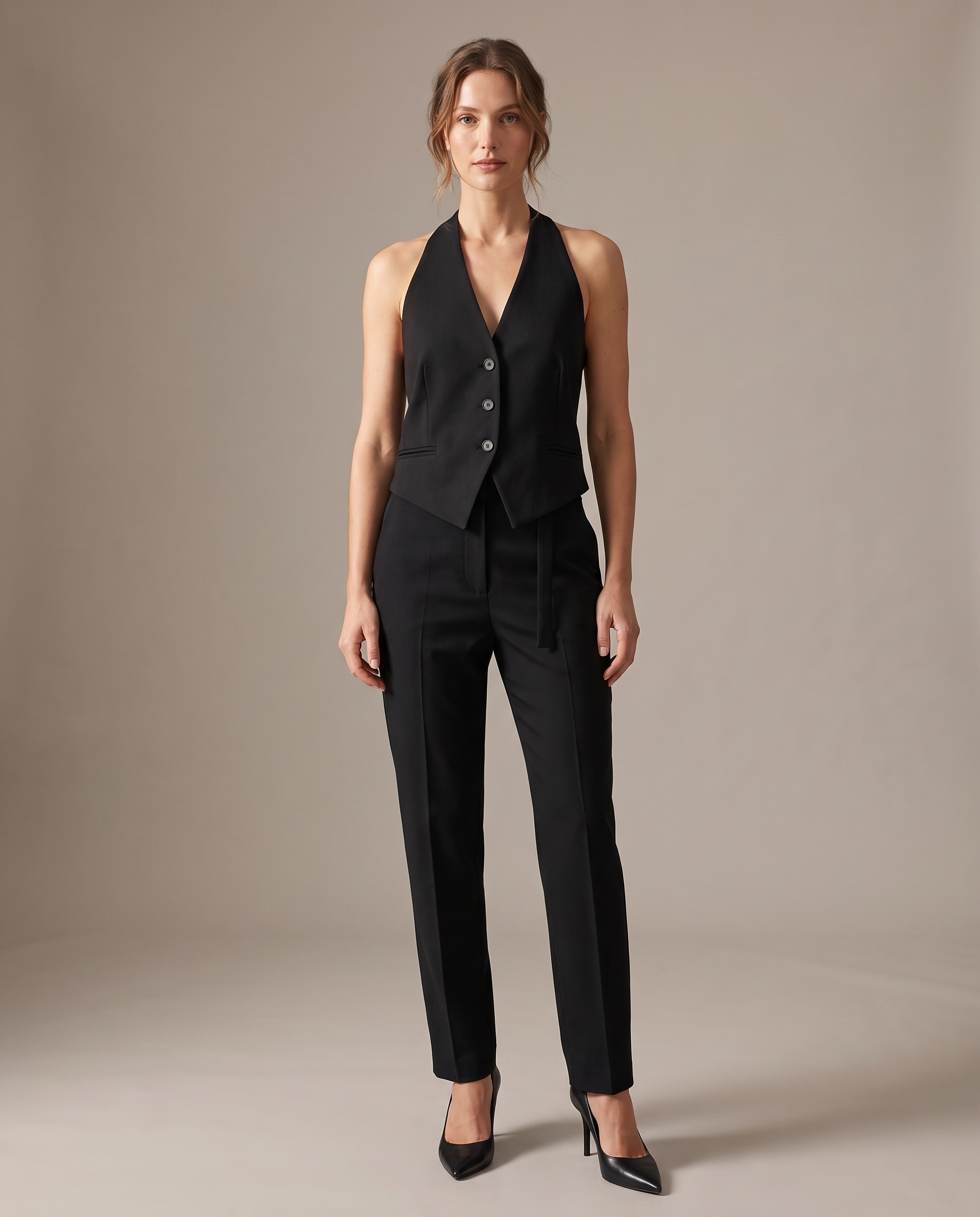 Céline Open-Back V-Neck Cropped Vest – Black studio front
