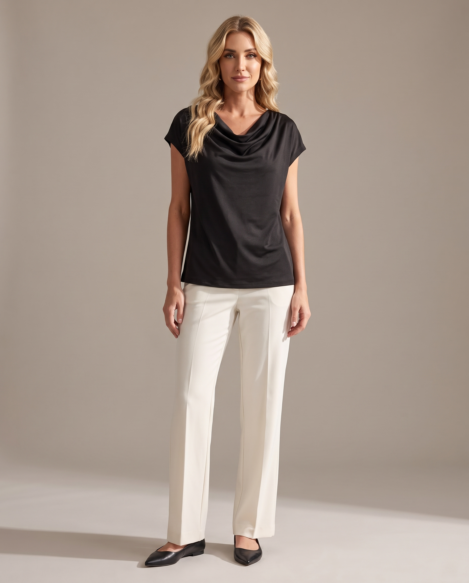 Elise Draped Cowl-Neck Short-Sleeve Blouse – Black studio front