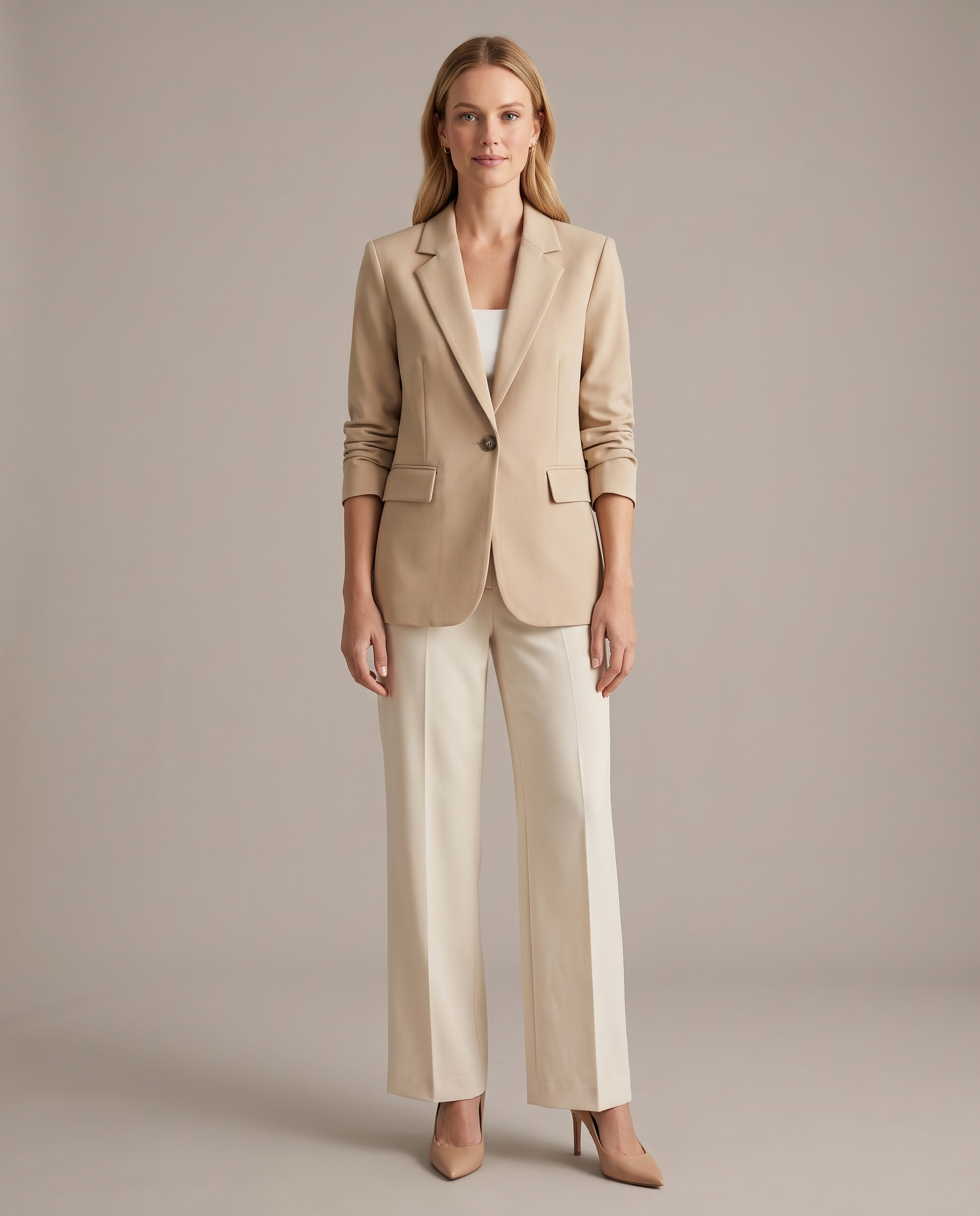 Alma Tailored Single-Button Blazer – Beige studio front