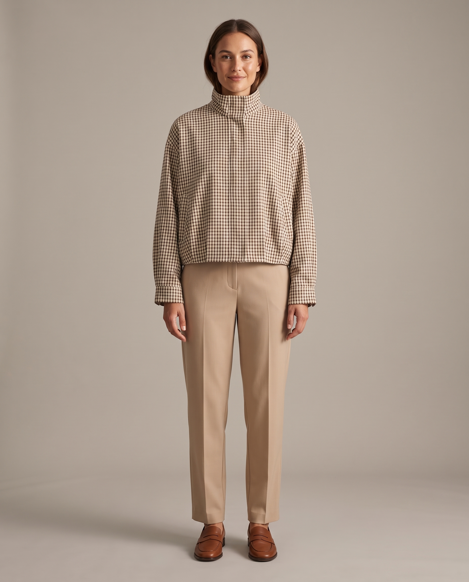 Hazel Cropped Plaid Zip Bomber Jacket – Beige Check studio front